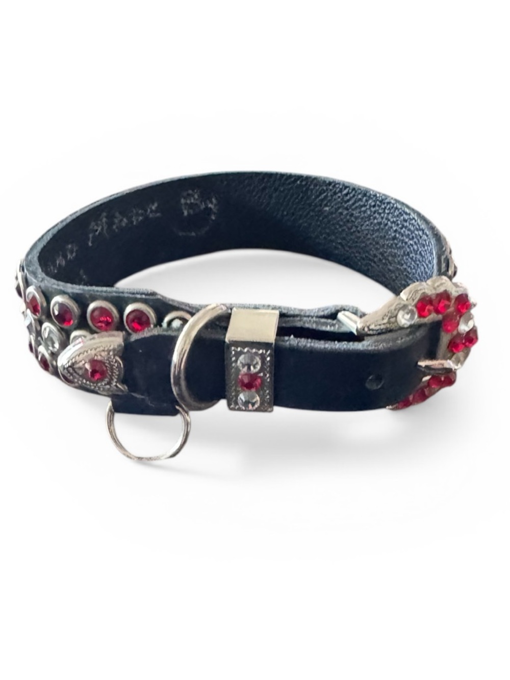 Handmade Western Rhinestone Leather Dog Collar Black Red Crystal Studded Size S - Picture 6 of 6